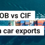 A cargo ship transporting containers, explaining FOB vs CIF in Japan's car export auctions.