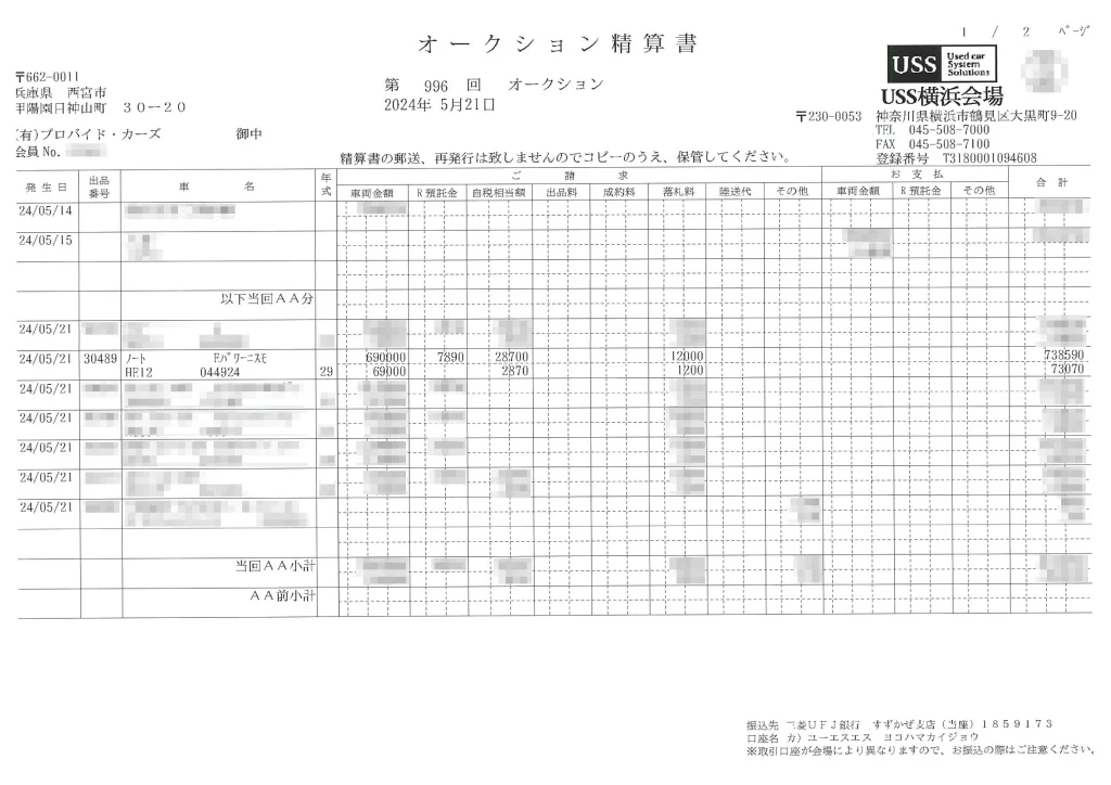 Detailed settlement sheet from a Japan car auction, showing winning bid and fees.