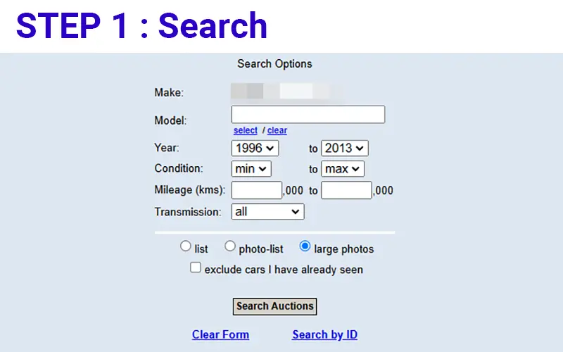 A search form allowing dealers to find vehicles based on model, condition, and mileage at a Japan car auction.