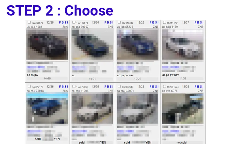 A selection screen displaying multiple cars available for bidding at a Japan car auction.