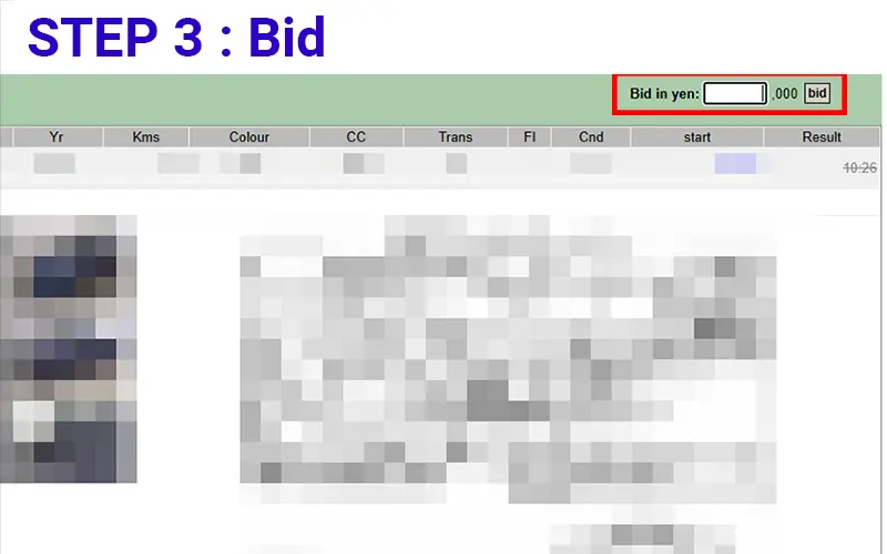 An example of a bidding screen at a Japan car auction platform, guiding dealers through the process.