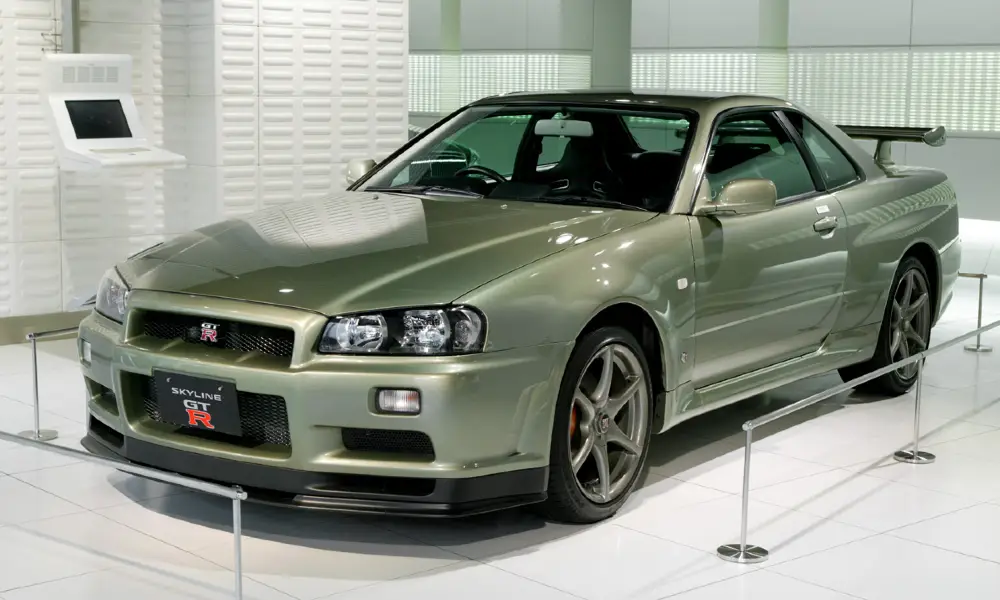 A legendary JDM car, the Nissan Skyline GT-R R34. Known for its outstanding performance and iconic design.