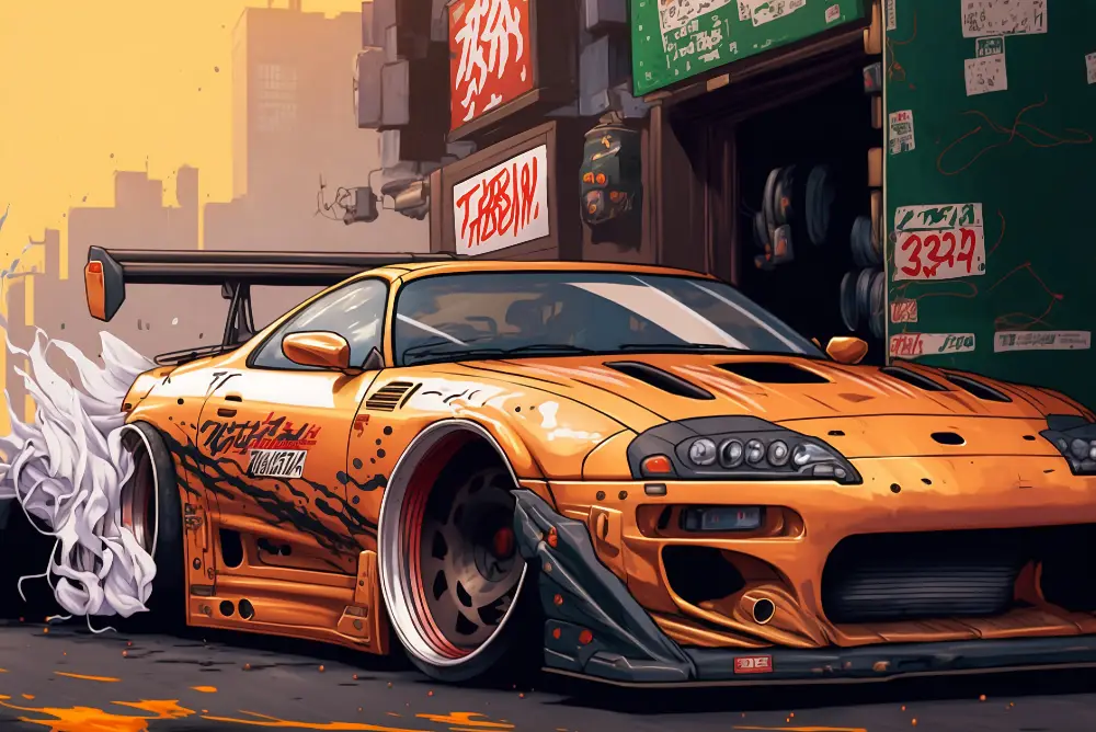 A custom orange Toyota Supra, a JDM legend, with aggressive modifications and a dramatic urban backdrop