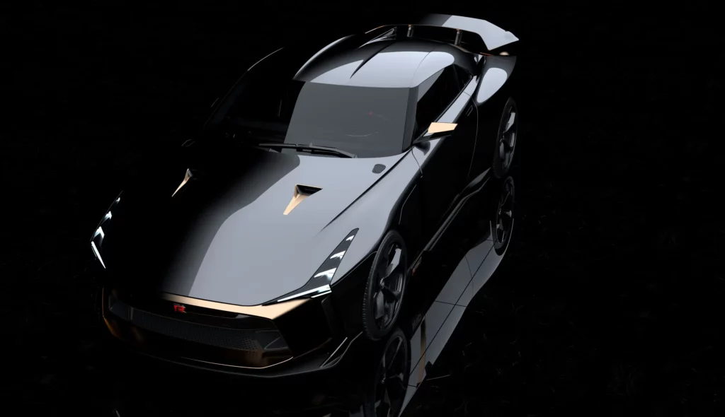 Exclusive GT-R50 by Italdesign in Japan – The ultra-rare GT-R50 by Italdesign, showcased in a Japan car auction, featuring a sleek black and gold exterior.