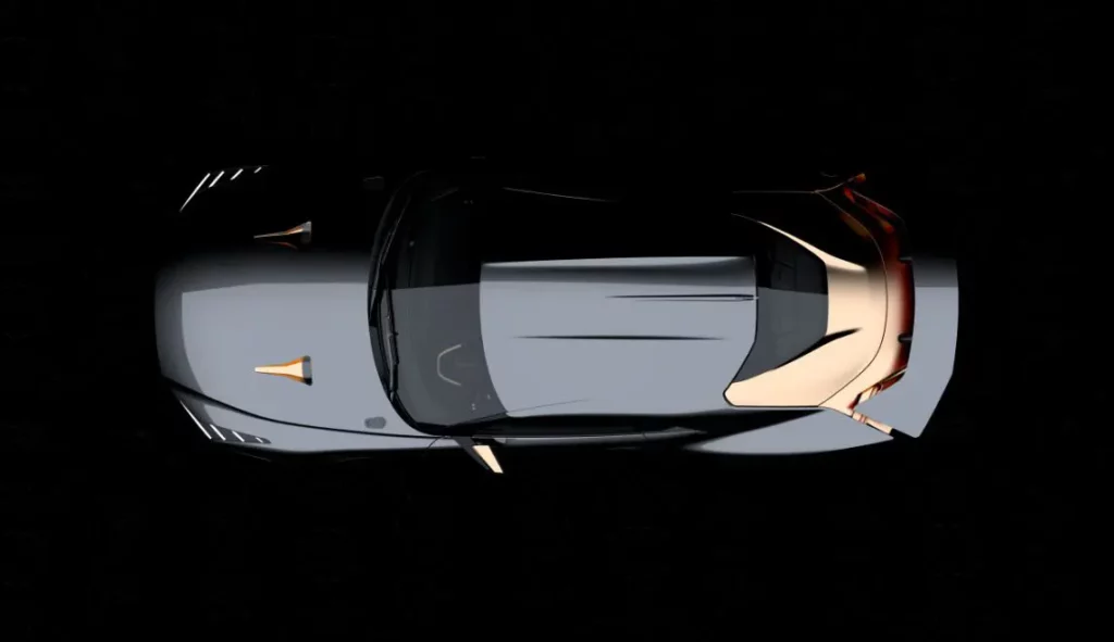 GT-R50 by Italdesign – Top View – A top-down view highlighting the aerodynamic lines and gold accents of the GT-R50 by Italdesign.