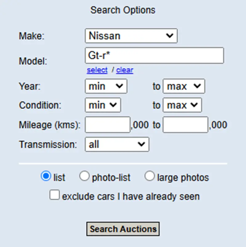 Nissan GT-R Search Options in Japan Car Auction – A search interface for finding Nissan GT-R models in Japan's car auctions.