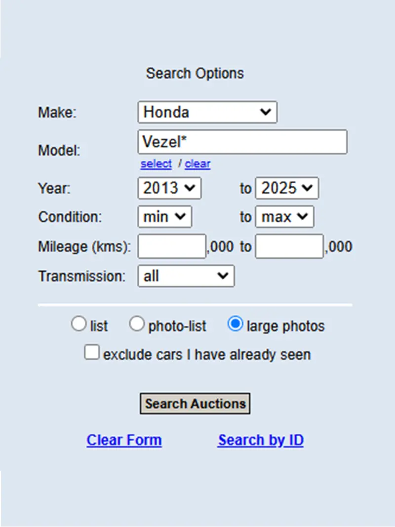 Honda Vezel auction search filter – find used Honda Vezel from 2013 to 2025