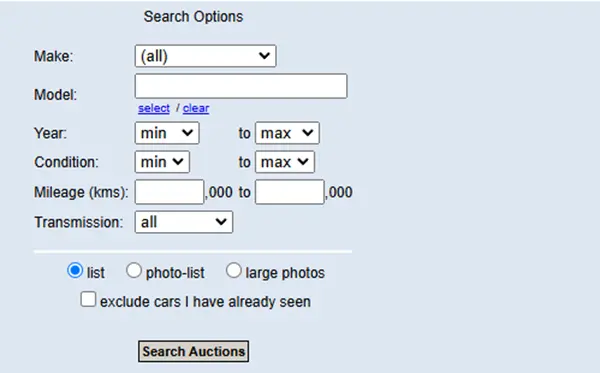 Screenshot of the Japan Car Auction search options page. Users can filter by make, model, year, condition, mileage, and transmission.